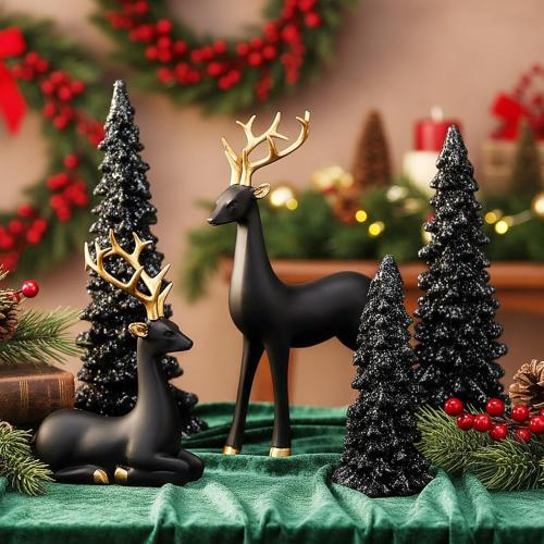 Pinkunn 5 Pcs Reindeer Christmas Decor and Trees Christmas Resin Sitting Standing Lucky Deer Reindeer Figurines for Tabletop Indoor Home Decorations Mantle Cabinet Desktop Office(Black)