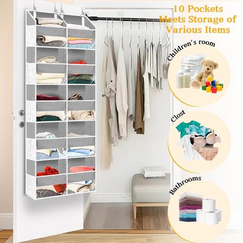 Over The Door Organizer, 5-Tier Extra Large Behind Door Storage with 10 Big Front & 10 Mesh Pockets, 80lb Capacity, Hanging Storage Organizer with Clear Window Kids Toys, Shoes, Diapers,**** Light Grey