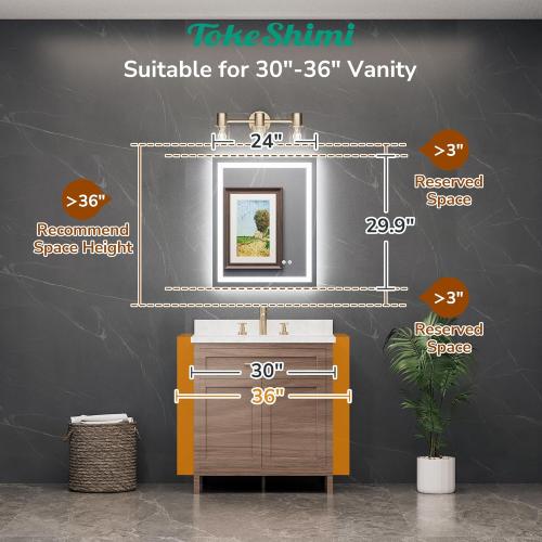 TokeShimi 24x30 LED Bathroom Mirror with Lights,Front Lit   Backlit,Anti-Fog LED Mirror for Bathroom,Stepless Dimmable 3-Color Light,Tempered Glass,Memory,UL Listed,Waterproof