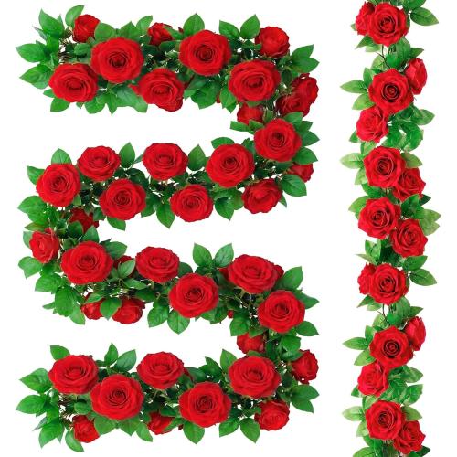 Suncalla 30 Pack 246ft Rose Garland Artificial Rose Flowers Vine with Green Leaves Hanging Fake Floral Garland Vine for Wedding Birthday Wall Garden Table Centerpiece Room Arch Decor(Red Color)