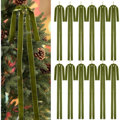 Janinka 12 Pcs Velvet Christmas Swag Bow 23.5x15.5 Inch Rustic Large Velvet Christmas Staircase Wreath Bows Vintage Tree Topper Bows Large Bow for Outdoor (Olive Green)