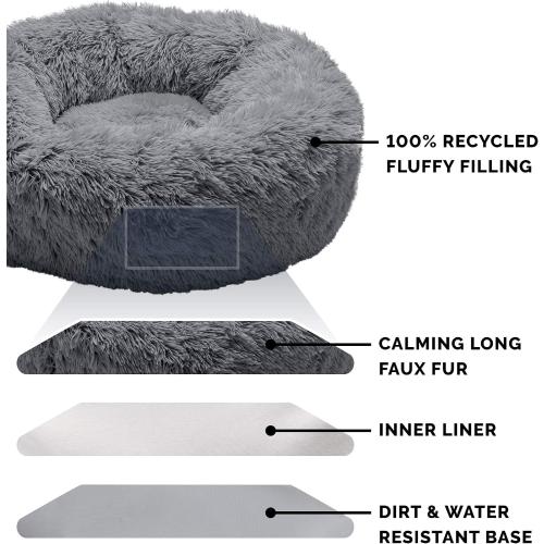 Furhaven 36 Round Calming Donut Dog Bed for Large/Medium Dogs, Refillable w/ Removable Washable Cover, For Dogs Up to 75 lbs - Shaggy Plush Long Faux Fur Donut Bed - Gray, Large