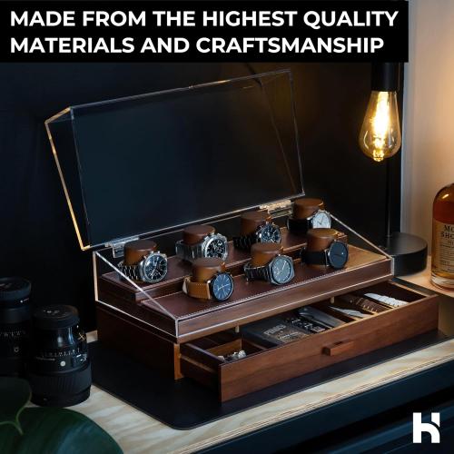 Holme & Hadfield Premium 7-Slot Wooden Watch Display Case – Large Handcrafted Men’s Watch Box with Accessory Drawer, Hinged Cover, Leather Lining – Christmas Gift for Men – Luxury Built to Last