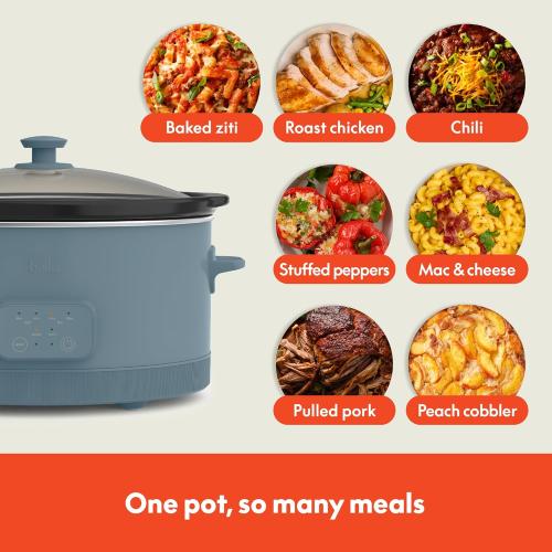 bella 6.0 Qt Programmable Slow Cooker, Ceramic Nonstick Coating, Adjustable Temperature & Cooking Times, Dishwasher Safe Stoneware Pot & Tempered Glass Lid, Tangle Free Cord Wrap, Surf
