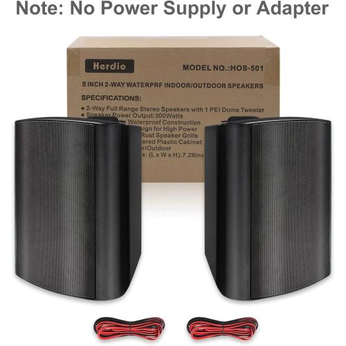 Herdio 5.25 Inches Passive Outdoor Speakers Wired Waterproof, 300 Watts Wall Mount Speakers All Weather for Patio Indoor Deck Countryard (1 Pair, Black)