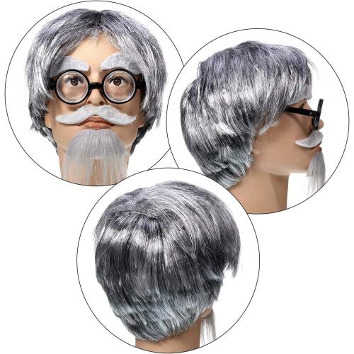 WILLBOND Old Man Cosplay Costume Grandpa Wig Set with Glasses, Grey Wig Eyebrows and Mustache for Halloween Cosplay Party