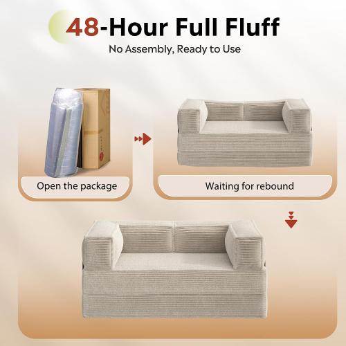 WLIVE 71'' Futon Sofa Bed, Convertible Sleeper Sofa, Folding Pull Out Couch Boneless Mattress with Fixed Frame, Corduroy, with Storage Pocket, Beige