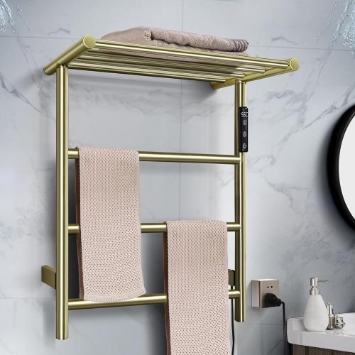 Towel Warmer Wall Mounted with 3 Electric Stainless Steel Heated Bars, Hot Towel Rack for Bathroom, Plug-in BathTowel Heater with Built-in Timer, Brushed Gold (MISSING PARTS)