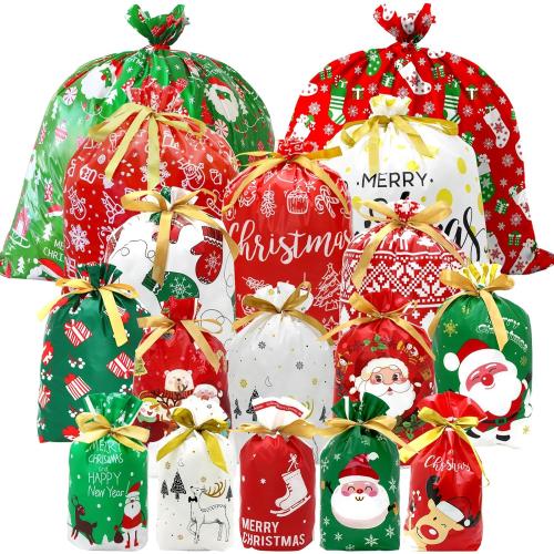 Pseutio 42 PCS Christmas Drawstring Gift Bags Assorted Sizes Drawstring Christmas Bags for Gifts with Rope for Xmas Holiday Presents Party Favor