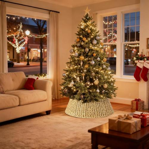ELYKEN 28 Inch Christmas Tree Collar, Gold Woven Xmas Tree Skirt for 7.5 ft Trees, Stylish Tree Base Cover with Cord Cut-Out, Round Tree Ring for for Pencil Trees, Easy Assembly