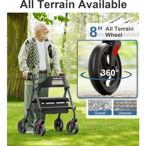 HOMLAND Foldable Rollator Walkers with Seat for Seniors, 8'' Big Wheels, 350 lb. Weight Capacity, Adjustable Handles and Seat Height, Lightweight Rolling Walker,‼️maroon and black‼️