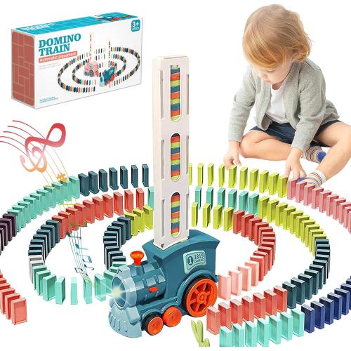 Domino Train Toy Set for Kids, Automatic Dominoes Blocks Building and Stacking Toys Creative Kids Games Early Education Christmas Birthday Gift Boys Girls Age 3 4 5 6 7 8 Year Old (Cyan)
