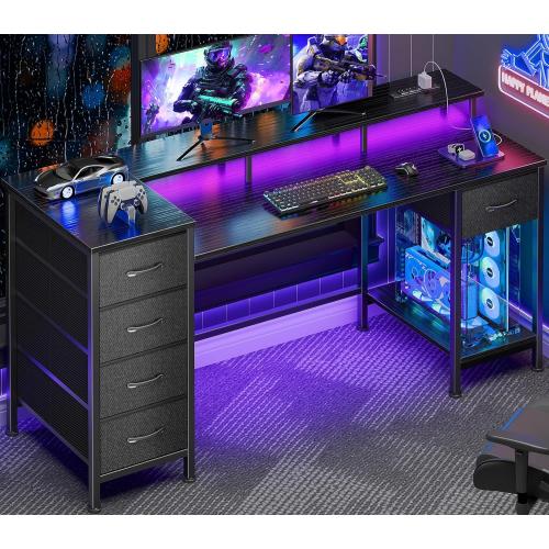 55 Inch Computer Gaming Desk with Power Outlets LED Lights Reversible Home Office with Adjustable Fabric Storage Drawers for Working Writing Study, Black
