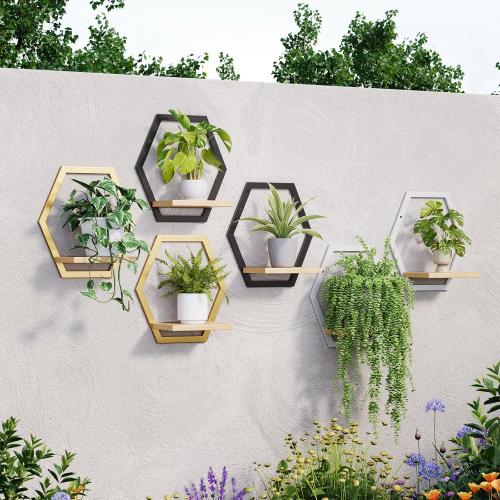 3 Pack Solid Wood & Heavy Duty Metal Wall Plant Stands,9inch Natural Wood Shelf, Boho Arch Hanging Planter for Indoor 25 LB Load for Plants, Flowers, Herbs Golden