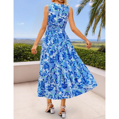 Size L...ZESICA Women's Summer Boho Floral Sleeveless Midi Dress 2026 V Neck Elastic High Waist Flowy Casual Beach Long Dresses