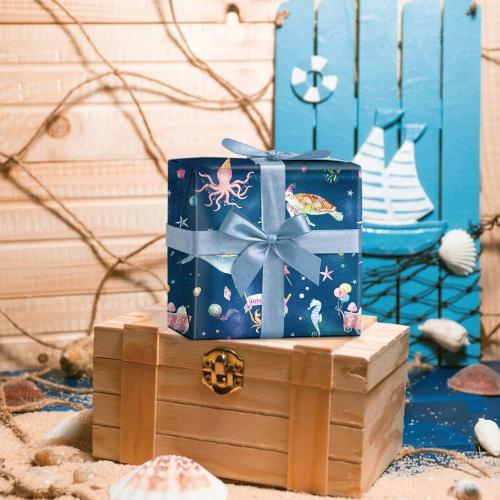 SaringSwoon Ocean Birthday Wrapping Paper for Boys Girls Kids - Navy Blue Gift Wrap with Whales, Octopus, Seahorse and Happy Birthday on Galaxy Design for B-Day Baby Shower - 40×28 Inches, 4 Sheets