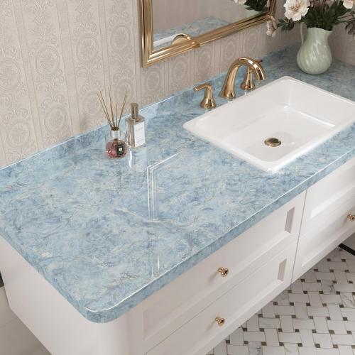 Wallercity Cream Blue Marble Contact Paper for Countertops 24x315 Waterproof Kitchen Wallpaper Peel and Stick Countertops Removable Glossy Granite Marble Wallpaper for Bathroom Table Top Desk Wrap