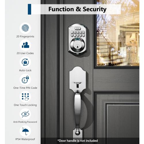 Color Silver TEEHO TE002 Fingerprint Door Lock - Keyless Entry Door Lock - Electronic Keypad Deadbolt - Smart Locks for Front Door - Auto Lock - Easy Installation - Satin Nickel