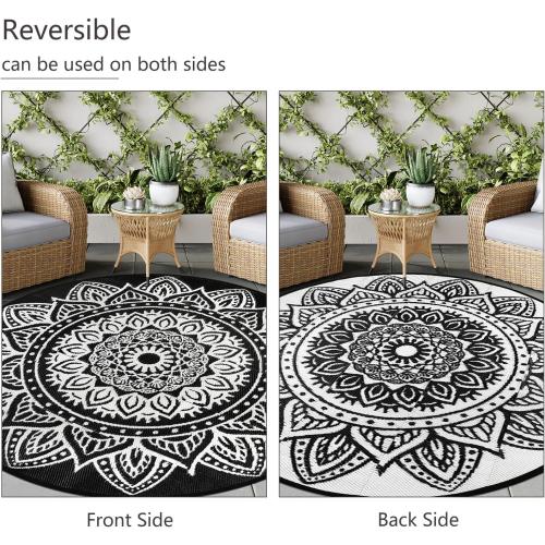 famibay Round Outdoor Rugs for Patios 5 Ft Round Outdoor Rug Waterproof Round Patio Rug Outdoor Plastic Straw Rug Lightweight Boho Outdoor Carpet Mats for Patio Backyard Camping Porch(Black/White)‼️cut outside on the small black bag‼️