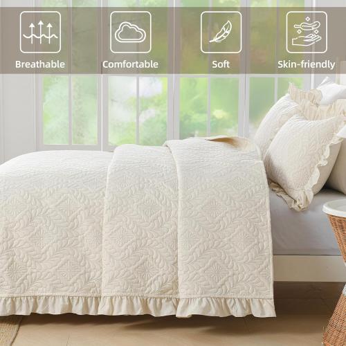 Size Large Set of 3 Quilt Bedding Set Size, Beige Ruffled Lightweight Soft Bedspreads Queen Size Coverlet, Basket Weave Quilted Blanket Thin Quilt Bed Cover for All Season - 3 Piece (1Quilt, 2 Pillow Shams)