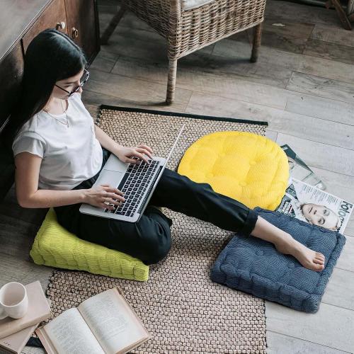 2 Pack Meditation Floor Pillow Large Square and Round Floor Cushions for Adults Yellow Corduroy Floor Seat Pillows Cushion for Living Room Balcony Tatami Yoga,18x18 Inch