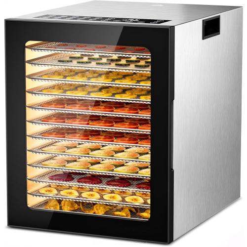 Color Silver Food Dehydrator for Jerky, Fruit, Meat, Herb, Beef, Mushroom, 12 Trays Large Dryer Machine, Commercial Stainless Steel Dehydrators, 48H Timer and Temperature Control, 850W, ETL Approved
