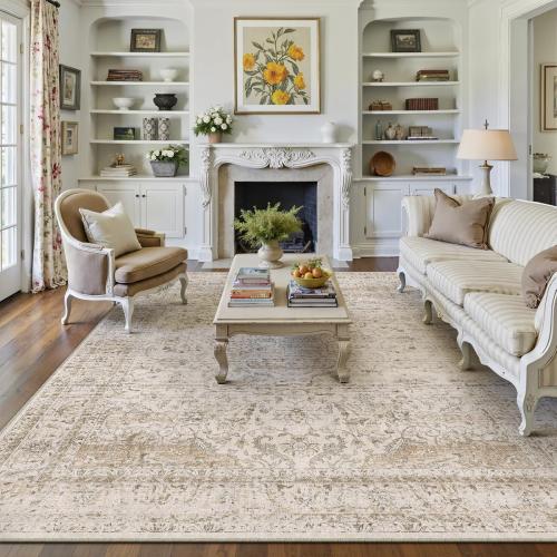 9x12 Beige Area Rug Vintage Living Room Bedroom Washable Carpet Non-Slip Soft Low Pile Distressed Indoor Large Throw Rug for Dining Room Office