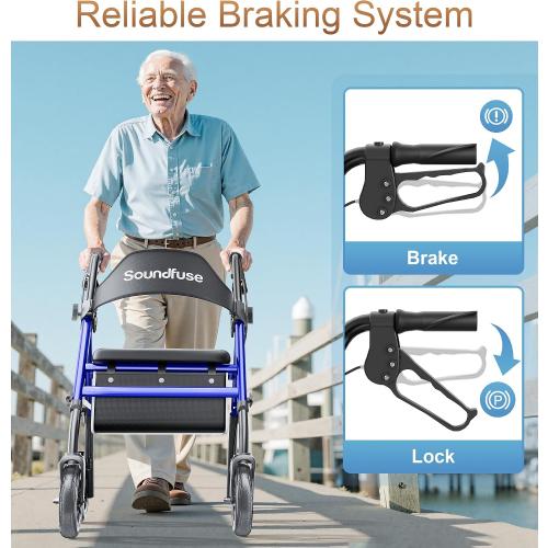 SOUNDFUSE Rollator Walkers for Seniors with Seat, Foldable Lightweight Rolling Walker with 8 Big PU Wheels, Ergonomic Seat, Dual Height Adjustment