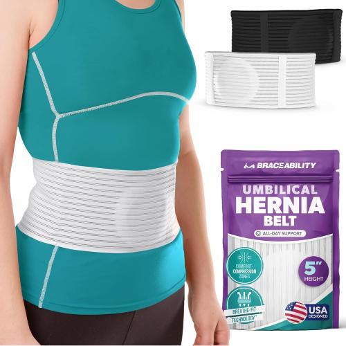 BraceAbility Umbilical Hernia Belt - Abdominal Binder Truss with Compression Pad for Belly Button, Navel, Ventral, Epigastric, Hiatal Hernia Relief, Support Brace for Men or Women (S/M 5 White)
