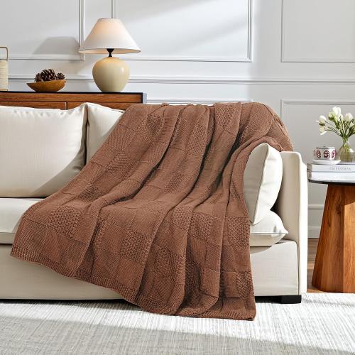 NEXHOME PRO Knit Throw Blanket,Classical Checkered Blanket for Couch,Cozy Warm Knitted Throw Blanket for Bed Sofa Living Room, Decorative Stretched Throw, Lightweigh,50X 60Burnt Orange