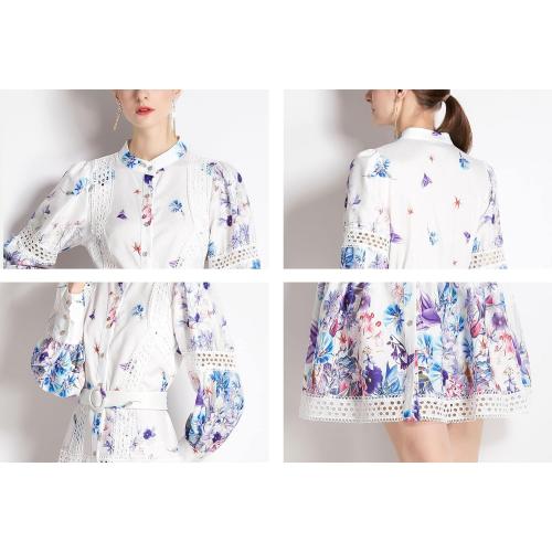 Size XL.....Women's Hollow Out Floral Print Lantern Sleeve Button Casual Mini Dress