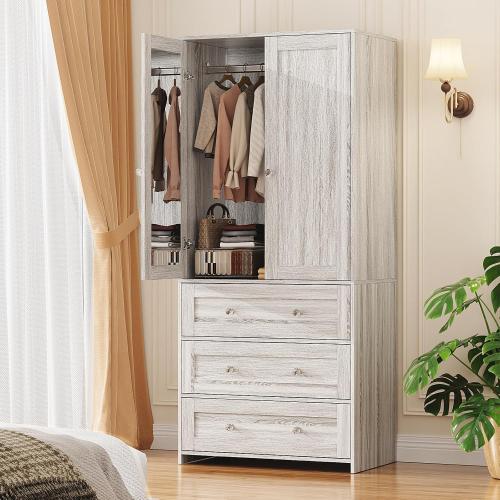 Armoire Wardrobe Closet with Drawers Gray Oak and Mirror, Clothing Storage Cabinet with Hanging Rod, 2 Doors Wooden Wardrobe Cabinet for Bedroom, Large Capacity Storage