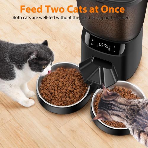 Automatic Cat Feeders for Two Cats, 5L/20 Cups Double Automatic Cat Food Dispenser with 2 Stainless Bowls,10s Meal Call and Timer Setting 20 Portions 6 Meals Per Day,Pet Feeder for Dog Black