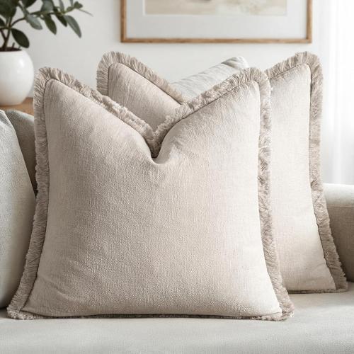 MIULEE Decorative Throw Pillow Covers Neutral Linen Fringe Throw Pillows Euro Shams Set of 2 Natural Beige Boho Farmhouse Cushion Covers for Couch Sofa Bed Living Room Spring Home Decor 28x28 Inch