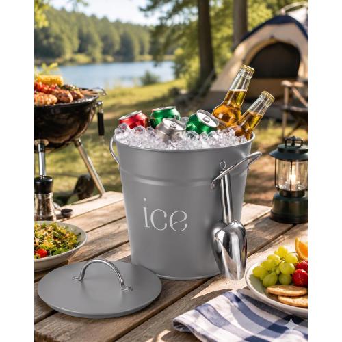 3 Qt Gray Galvanized Ice Bucket with Lid, Scoop and Handles, Insulated | Double-layer insulated ice bucket with galvanized inner layer for wine, champagne, cocktails, parties, BBQs and outdoor use.