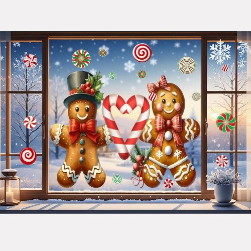Christmas Window Clings Decorations:Extra Large Gingerbread Man Window Clings Watercolor Rustic Xmas Stickers for Kids Home Office School Winter Holiday Décor Christmas Decorations