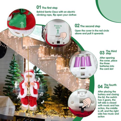 Upgraded Electric Climbing Rope Santa Claus 3 Gears Animated Climbing Christmas Santa Toy Novelty Plush Santa Climbing Rope Musical Ornament for Decoration Gift