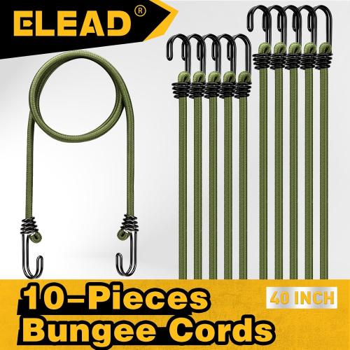 40 Green Bungee Cords with Hooks: 10 Pcs Bungee Cords Heavy Duty Outdoor, Bungie Cord Bundle Assortment with Metal Hook, Bungee Straps for Kayaking, Camping, Garage Storage