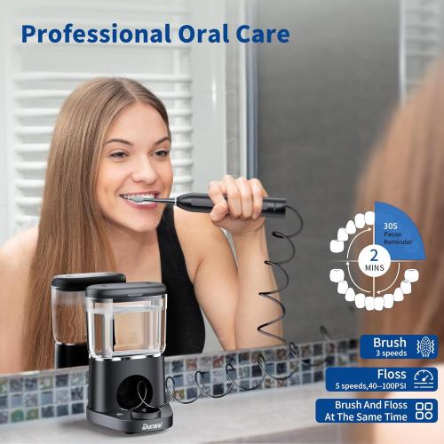 Electric Toothbrush with Water Flosser,Professional Flossing Toothbrush Combo for Teeth Cleaning Plaque Removal with 4 Replacement Heads, 3 Brush Modes & 5 Floss Speeds,Black