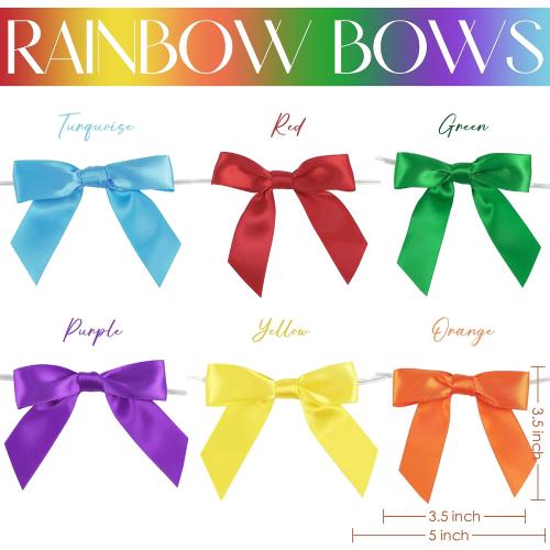 AIMUDI 6 Colors Rainbow Ribbon Twist Tie Bows 3.5 Premade Satin Ribbon Bows for Pride Day Pre-Tied Mini Bows for Crafts, Gift Wrapping, Baby Shower, Birthday, LGBT Party Favors - 60 Counts
