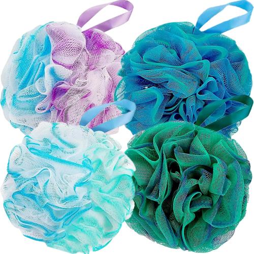 Fu Store Loofah Sponge Shower Loofahs 60g Bath Sponges Mesh Balls 4 Colors for Body Scrubber Exfoliator Wash Back Scrubbers Bathroom Men Women - 4 Pack Cleaning Bathing Accessories