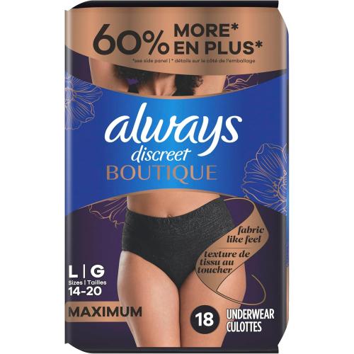 size S/M Always Discreet Boutique Incontinence and Postpartum Underwear for Women, Maximum Protection, Large, Black, 18 Count