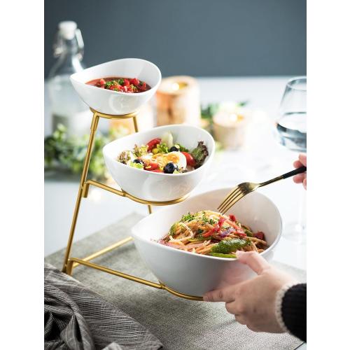 3 Tier Serving Bowls with Stand, Chips and Dip Serving Dishes Set for Entertaining Party, Ceramic Fruit Bowl for Salad Soup Snacks, Microwave & Dishwasher Safe