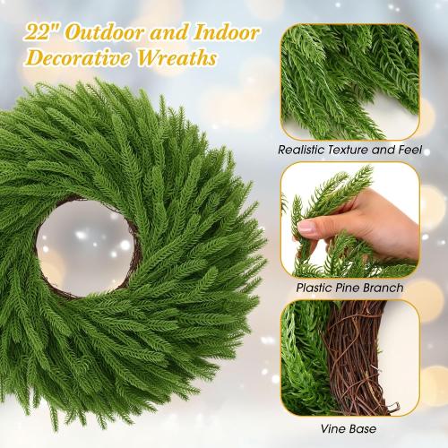 2 Pack 22 Inch Pre-Lit Christmas Wreath Norfolk Pine Wreath with Velvet Bow and Bells Realistic Greenery Holiday Decoration for Front Door Indoor Outdoor Christmas Decor (Red)