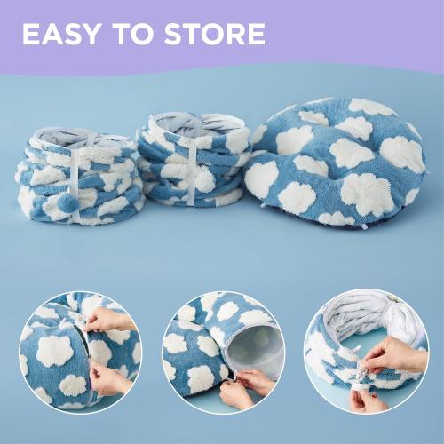 Lesure Large Cat Tunnel Bed - Cute Donut Bed for Indoor Cats with Washable Circle Cushion, Round Pet Peekaboo Cave Toy for Multi Kitten/Puppy/Rabbit, Large Cozy Clouds Blue