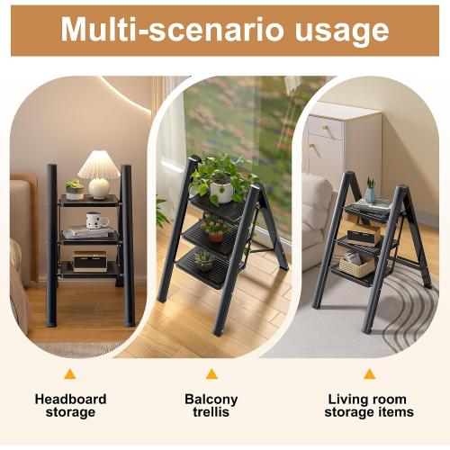 3 Step Ladder,Folding Step Stool with Widen Anti-Slip Pedals,Sturdy Carbon Steel Ladder,Convenient Handrail Heavy Duty,Step Stools for Adults Kitchen (Black Color)