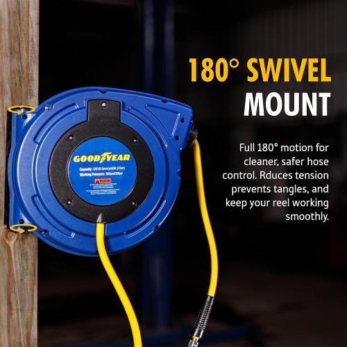 Goodyear Air Hose Reel Retractable 3/8 Inch x 50' Foot Hybrid Polymer Hose Max 300PSI Commerical Polypropylene Construction
