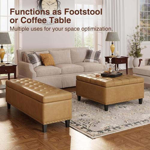 Size 51 Color brown Storage Ottoman Bench,51-Inch Large Storage Bench for Bedroom End of Bed, 30 Gallons Faux Leather Ottoman with Storage for Bedroom, Living Room, Entryway, Hallway,Camel