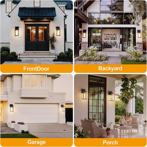 Kalium Porch Lights Outdoor Wall Light Fixture 2pcs, Matte Black, Wall Sconce 12.4 in, Toughened Frame, Clear Glass Shade, Waterproof Lanterns, for Patio, Exterior, Front, Door, Entryway