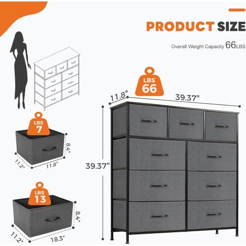 Sweetcrispy 9-Drawer Fabric Dresser Storage Tower with Wood Top and Steel Frame, Organizer Chest with Easy Pull Handles for Bedroom, Closet, Hallway,Modern Gray
